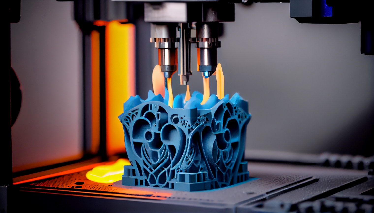 A 3D printer printing a blue cubic structure
