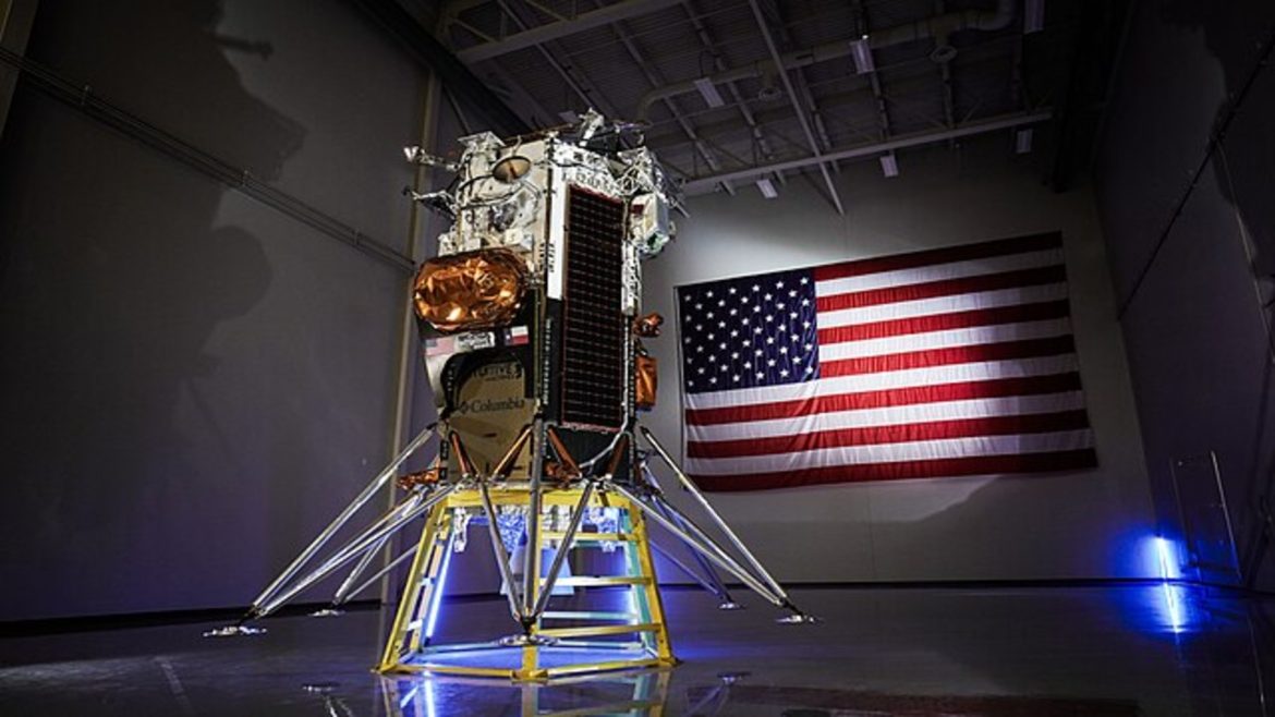 Nova-C lunar lander highlighted in front of an American flag