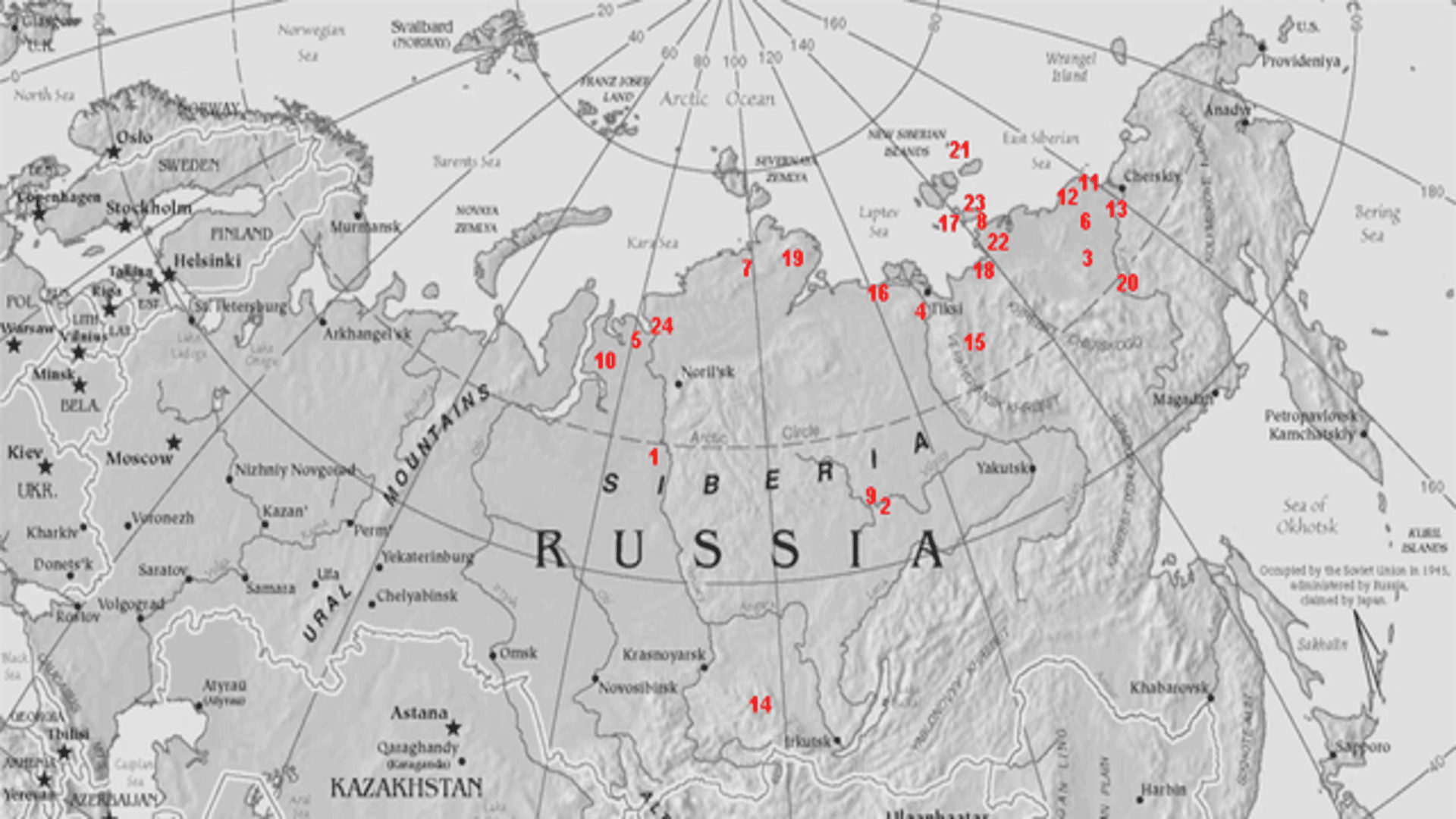 Map of Siberia with pinpoints showing where woolly mammoth remains have been found