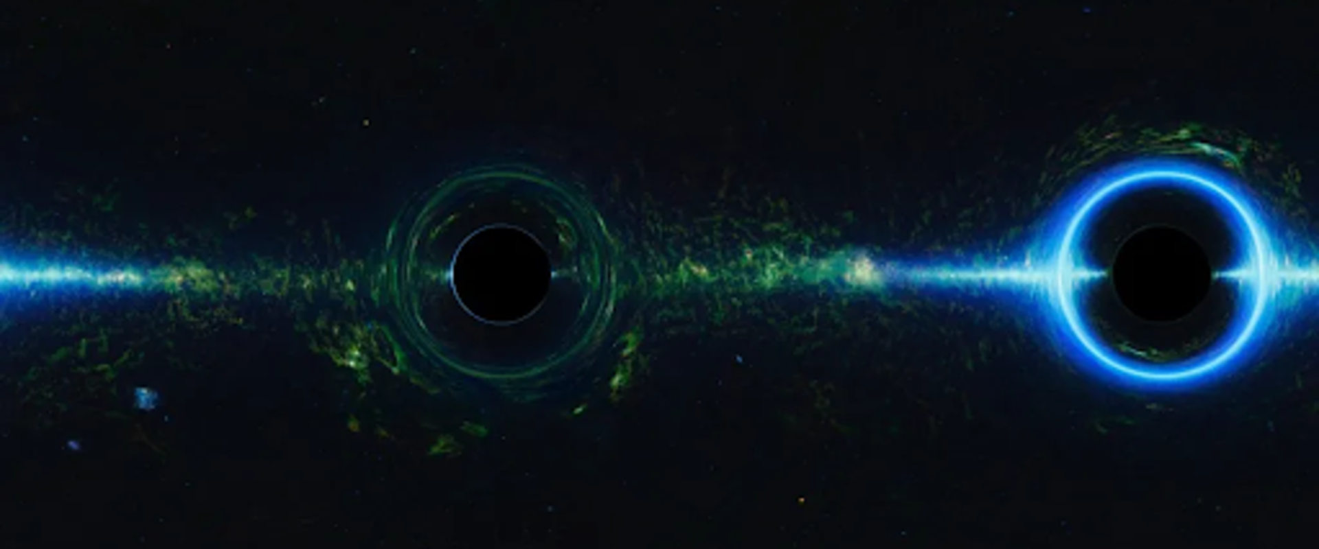 image showing the distortion of the starry background caused by black holes. Dark silhouettes are against a backdrop of stars. An outline called a photon ring is visible around the black holes.