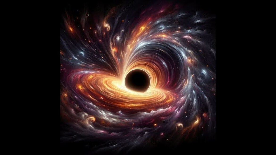 Black hole surrounded by swirling gas and dust, demonstrating its immense gravitational influence in the vast expanse of space."